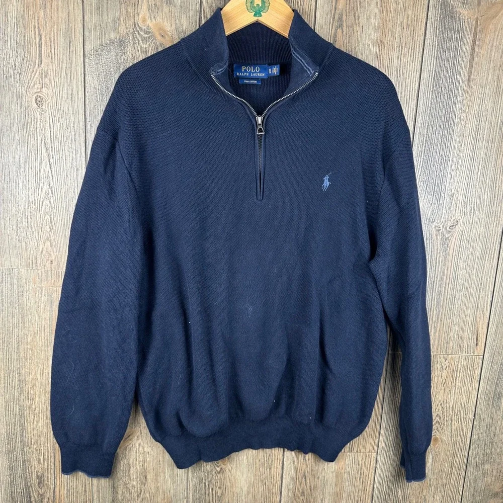 Polo Ralph Lauren Pima Cotton Quarter Zip Sweater Navy Blue Pullover Mens XL